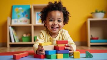 A joyful curious AfricanAmerican toddler learns through engaging with colorful wooden blocks in a vibrant playroom photo
