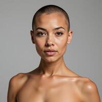 A mixrace lesbian with a buzz cut shaved head strikes a pose for a professional portrait against a backdrop of gray photo