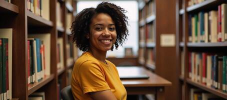 Joyful African American college student with a genuine smile and casual attire amidst bookshelves in an academic setting photo