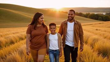 An AfricanAmerican family strolls through a sunlit field at dusk photo