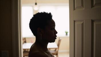 An unrecognizable AfricanAmerican woman is shown knocking on an indoor door from behind photo