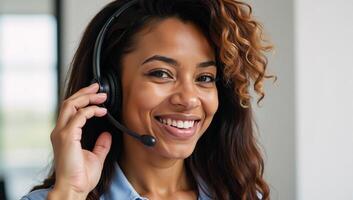 A supportive agent Smiling AfricanAmerican lady wearing a headset photo