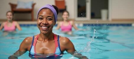 A joyful senior African American woman smiles confidently during a water aerobics class at an indoor pool surrounded by fellow participants photo