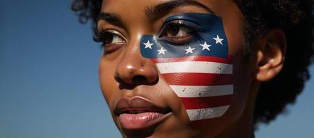 AfricanAmerican woman with flagpainted facial design in grungy digital artwork style photo