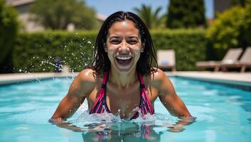 African American woman joyously swimming and splashing in a sunny pool during vacation photo