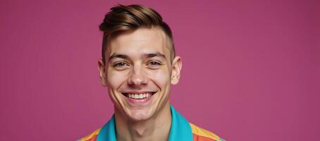 A bold minimalist retro image showcases a cheerful young gay man within a studio setting photo