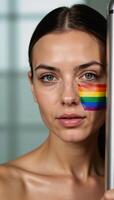 Woman portrait showcasing rainbow LGBT Pride symbol on techinspired makeup look photo