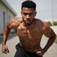 Image shows closeup portrait of an athletic African American man in sports attire midrun with determined gaze photo