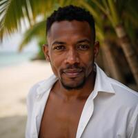Closeup portrait of an African American man in an open white shirt in Ko Pha Ngan Thailand photo
