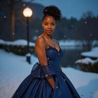 A black teenager is depicted in an ethereal frock from a retrovintage historical romanceinspired fairy tale collection with her hair styled up and against the backdrop of a wintry setting featuring photo