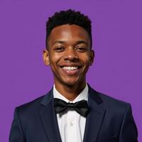 Confident African American teenager with a radiant smile poses in front of a purple studio background symbolizing education and youth with a dash of style photo