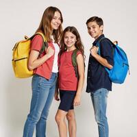 Young travelers embark on an adventure with brightly colored backpacks against a lively colorful backdrop photo