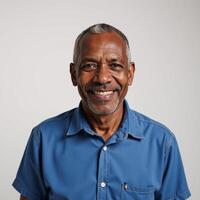 An African American old man with a warm smile stands alone against a white backdrop as a farmworker photo