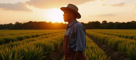 African American Farmer stands amidst harvested field during twilight photo