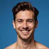 Elegant African American male model with brown hair against blurred deep sky blue background photo