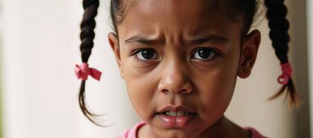 Portrait featuring closeup of young crying girl with pigtails African American photo