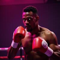 African American boxer in intense closeup under pink neon lights featuring sweaty muscles powerful stance and glowing eyes photo