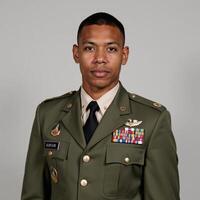 Young African American veteran gazes confidently at the camera in portrait style photograph photo