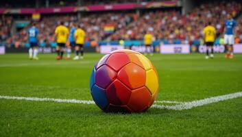Overhead view of vibrant gay pride rainbowcolored soccer ball on a lush grassy sports field at an LGBT football event photo