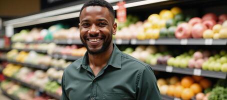 Portrait of a cheerful African American supermarket worker African American Male Grocery Store Employee photo
