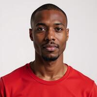 African American man in red tee isolated against white background photo