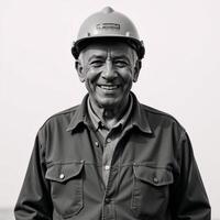 Elderly black man with a joyful grin wearing a 60sstyle construction outfit and hardhat photo