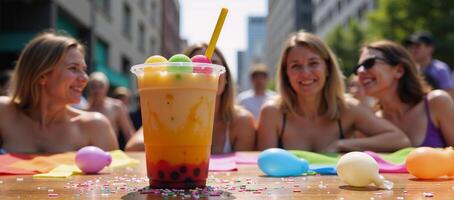 Vibrant celebration of LGBTQ culture depicted through a colorful illustration showcasing a pridethemed boba tea shop with playful graphics and inclusive symbols photo