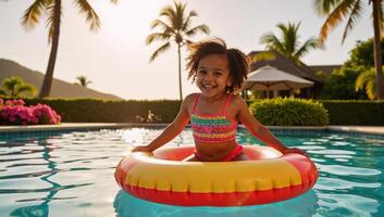 A joyful African American girl relaxes on a bright pool float at a vibrant tropical resort amidst sunlit waters and sparkling reflections capturing the essence of a carefree summer photo