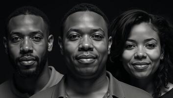Portrait featuring three African American individuals in monochrome blackandwhite photo