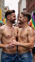 A gay pride portrait featuring two handsomely dressed men displaying their Pride colors and symbols photo