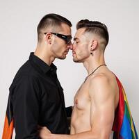 TechnoQueer connection showcased by gay couple against white background adorned with LGBTQ symbols photo