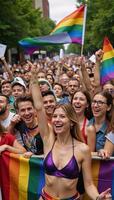 Crowd waves rainbow flags during Gay Pride Parade photo