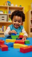 A joyful curious AfricanAmerican toddler learns through engaging with colorful wooden blocks in a vibrant playroom photo