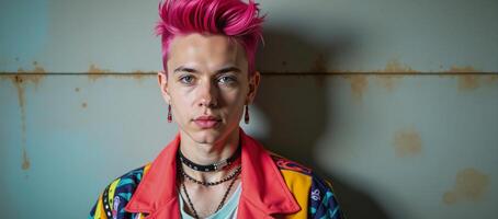 A punk gay character sporting spiky hair is depicted against an abstract background using neon colors photo