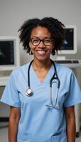 Portrait of black female doctor with stethoscope in modern hospital setting photo