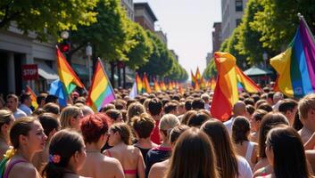 Brightly colored AIgenerated image featuring a closeup view of a vibrant gay pride parade with waving rainbow flags photo