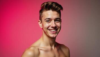 A bold minimalist retro image showcases a cheerful young gay man within a studio setting photo