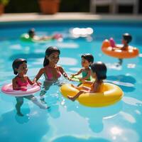 African American family enjoying summertime fun in a miniature swimming pool represented as colorful figurines photo