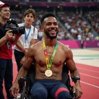 Triumphant Paralympian an AfricanAmerican man in his 20s basking in media attention after winning Gold at the Paris 2024 Olympics in wheelchair photo