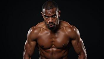 Muscular African American boxer with sweaty forehead leaning on left elbow and covering eyes with right hand photo