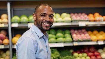 Portrait of a cheerful African American supermarket worker African American Male Grocery Store Employee photo