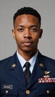 Young African American veteran gazes confidently at the camera in portrait style photograph photo