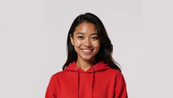 A striking portrait showcases an African American woman with red hoodie and smile set against a crisp white backdrop photo