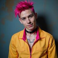 A punk gay character sporting spiky hair is depicted against an abstract background using neon colors photo