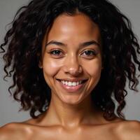 Closeup photo of a young Black woman with curls and a gentle smile