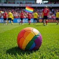 Overhead view of vibrant gay pride rainbowcolored soccer ball on a lush grassy sports field at an LGBT football event photo