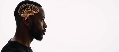 Sideview concept art showcases an African American man with a glowing brain against a white background featuring copy space for text photo