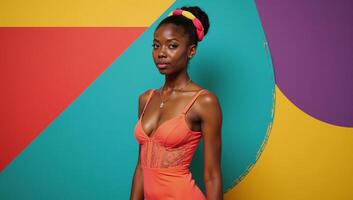 A radiant African American muse exudes youthful grace against a vibrant backdrop avantgarde style photo