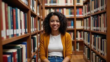 Joyful African American college student with a genuine smile and casual attire amidst bookshelves in an academic setting photo