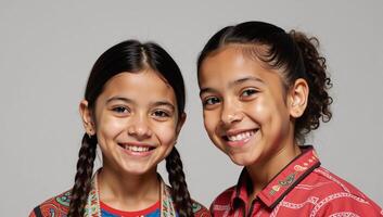 A cute smiling Native American teenager and an adorable AfricanAmerican girl share the space in the image photo